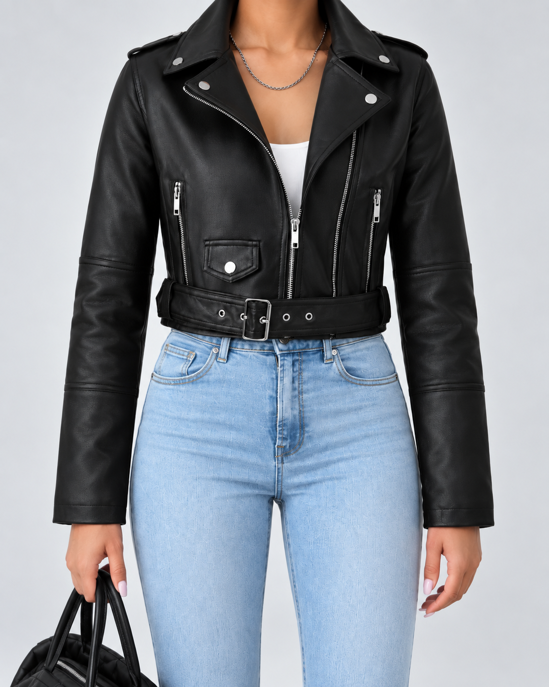 Black cropped moto jacket straight front