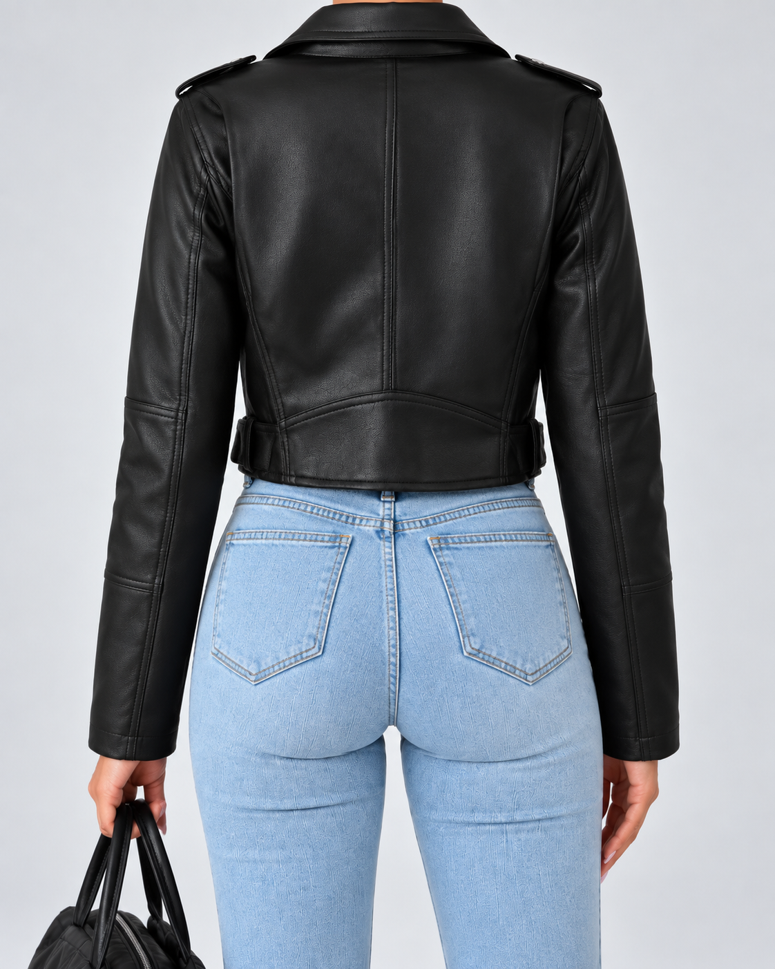 Black cropped moto jacket back