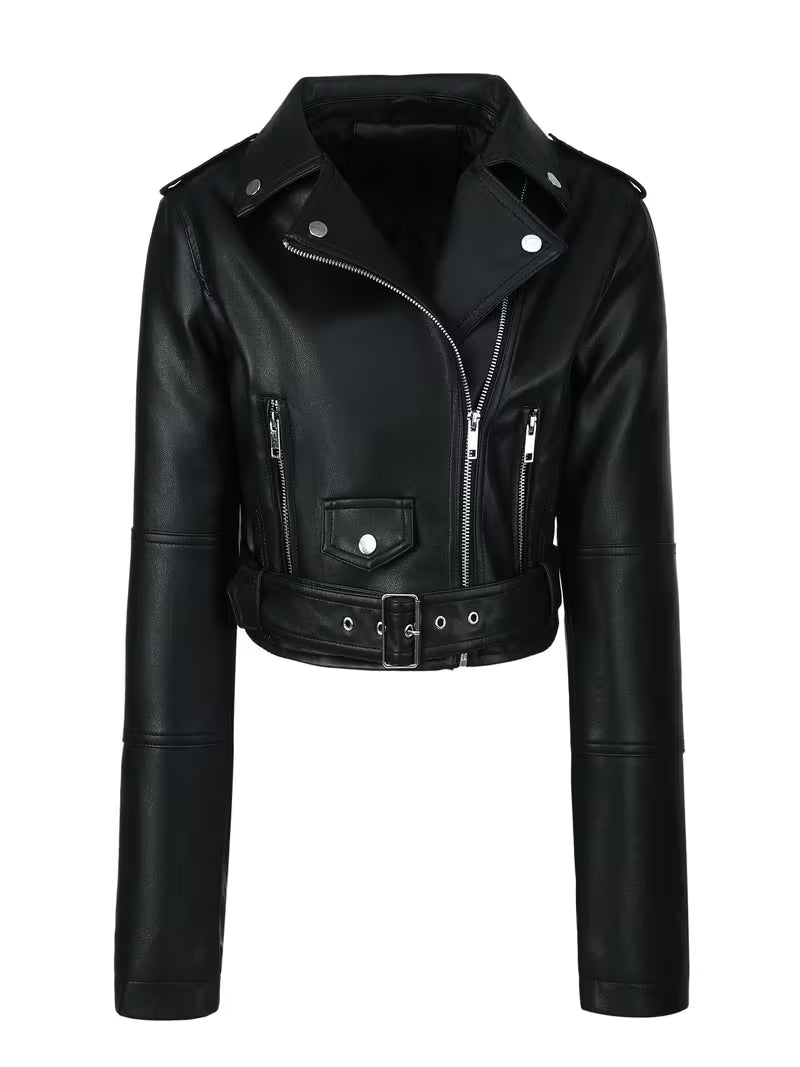 Black cropped moto jacket product shot