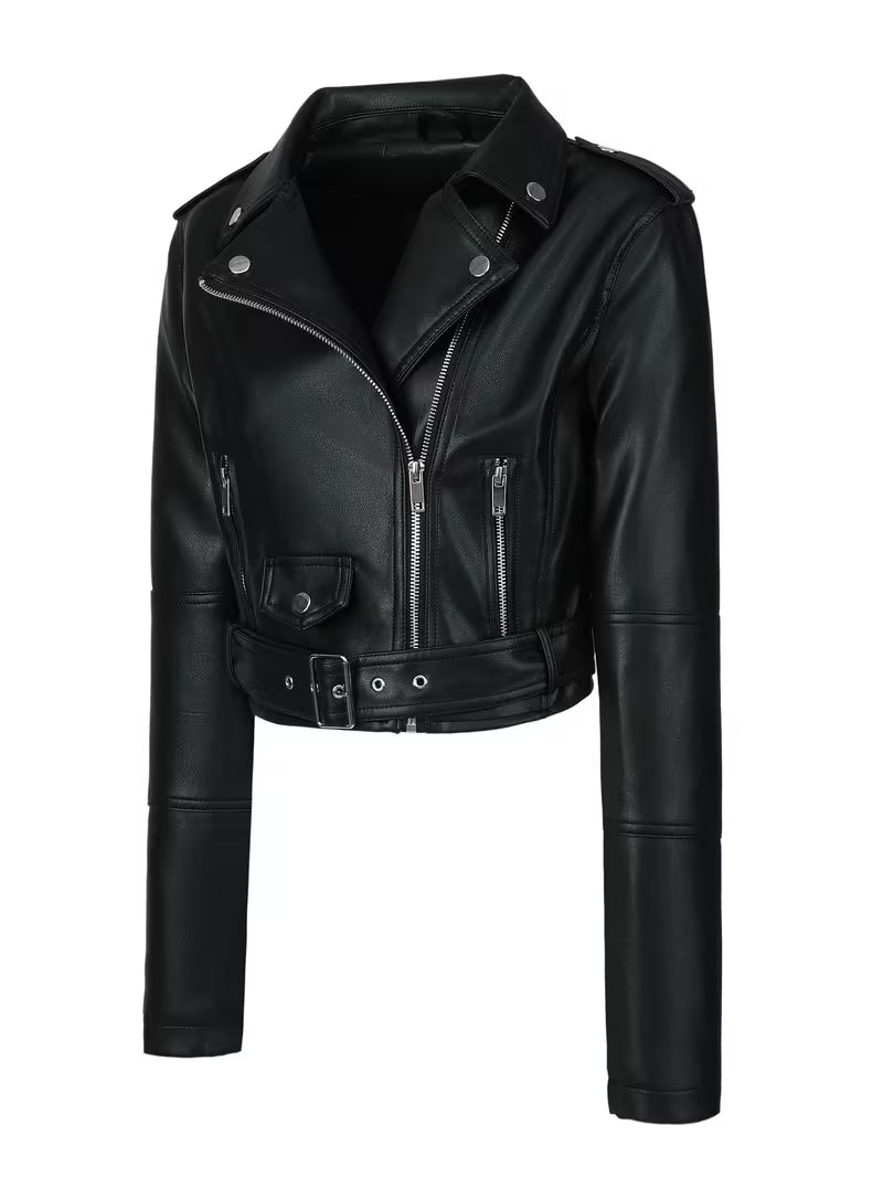 Black cropped moto jacket open front