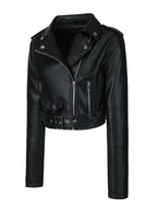 Black cropped moto jacket open front