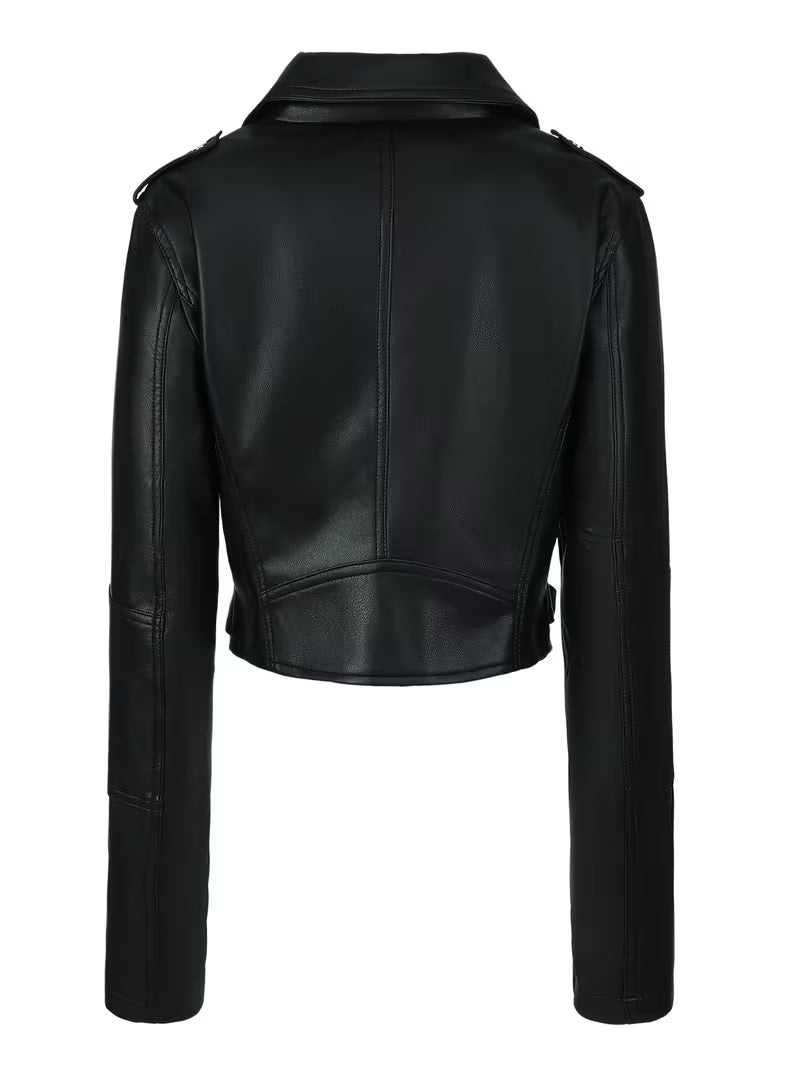 Black cropped moto jacket back view