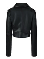 Black cropped moto jacket back view
