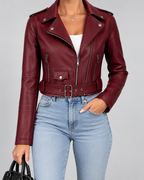 Burgundy cropped faux leather moto jacket front