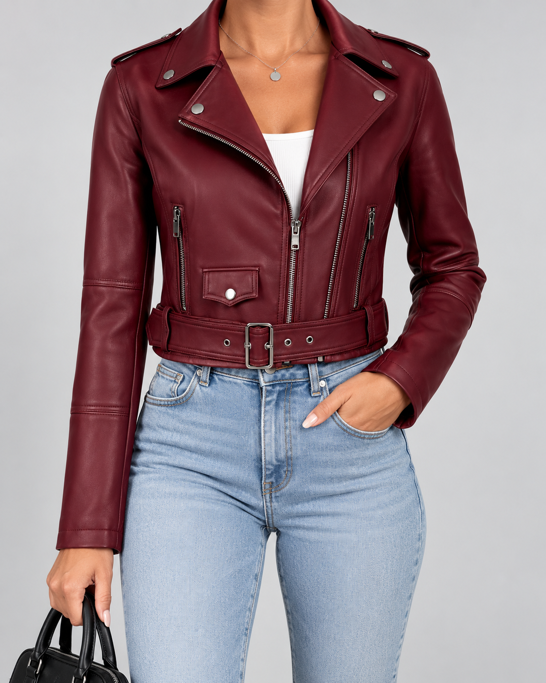 Burgundy cropped faux leather moto jacket front