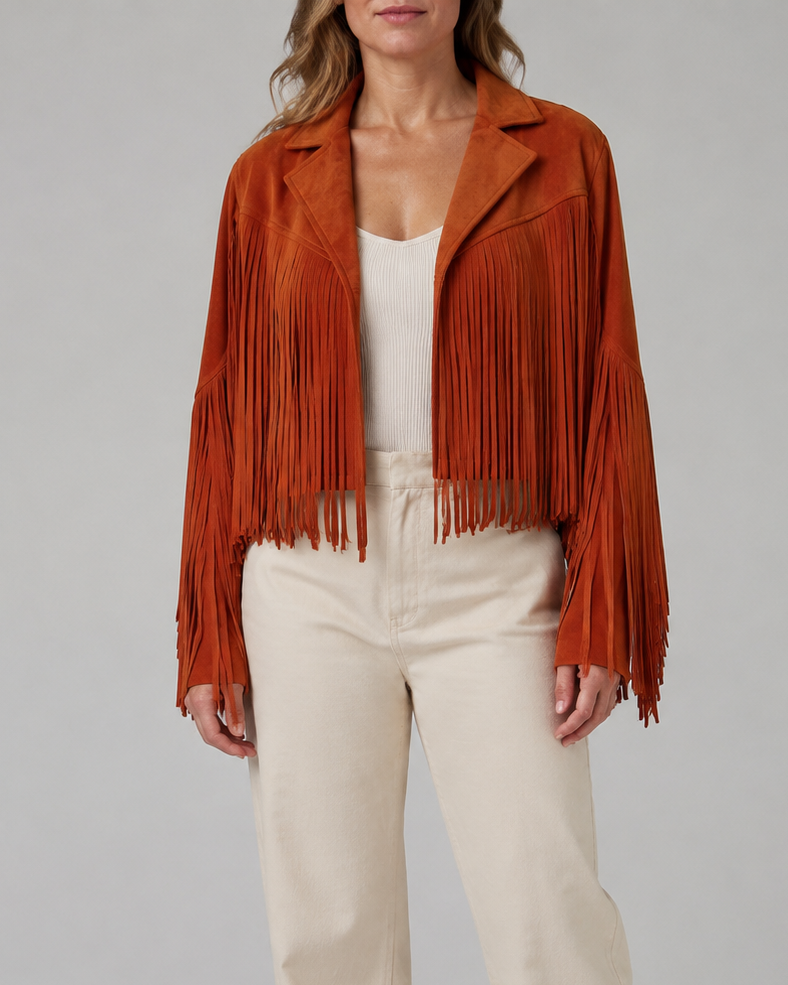 Women's Cropped Fringe Jacket with Lapel Collar