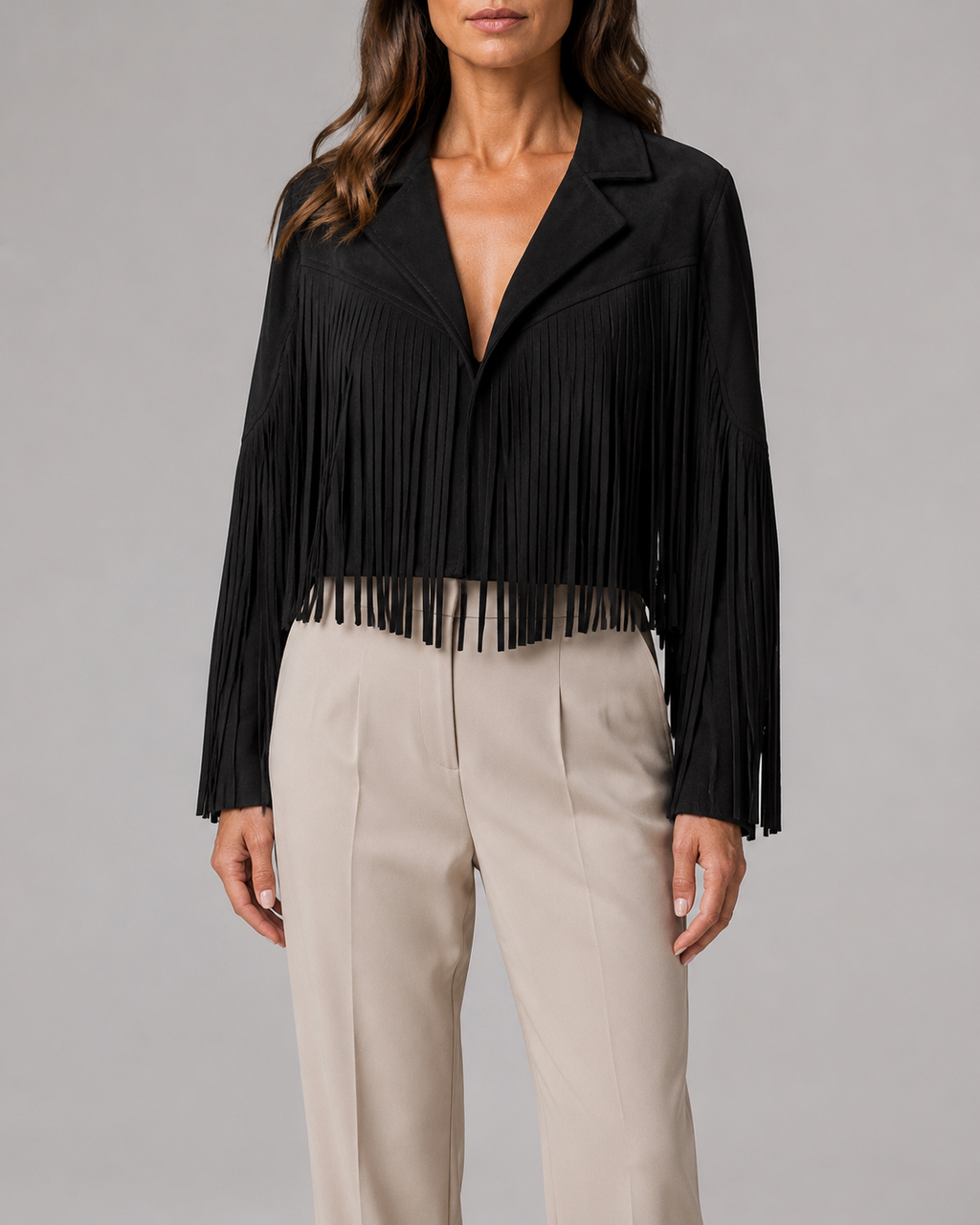 Women's Cropped Fringe Jacket with Lapel Collar