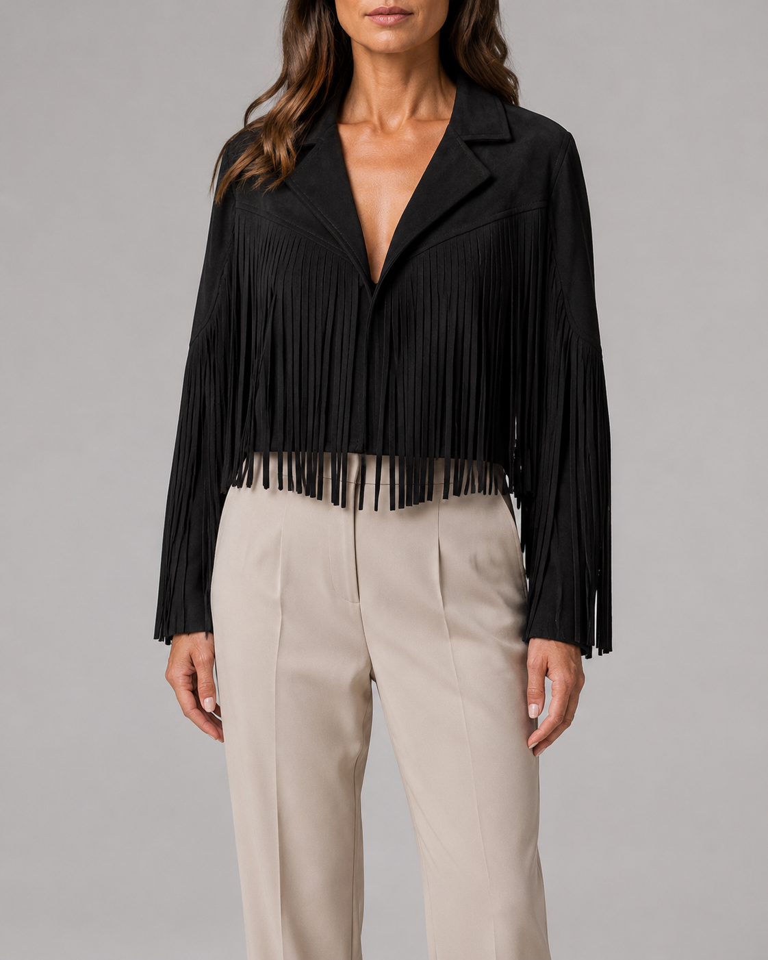 Women's Cropped Fringe Jacket with Lapel Collar