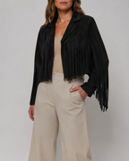 Women's Cropped Fringe Jacket with Lapel Collar