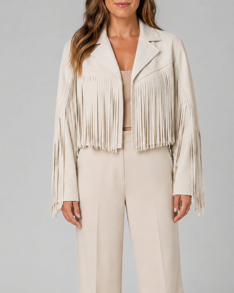 Women's Cropped Fringe Jacket with Lapel Collar