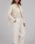 Women's Cropped Fringe Jacket with Lapel Collar
