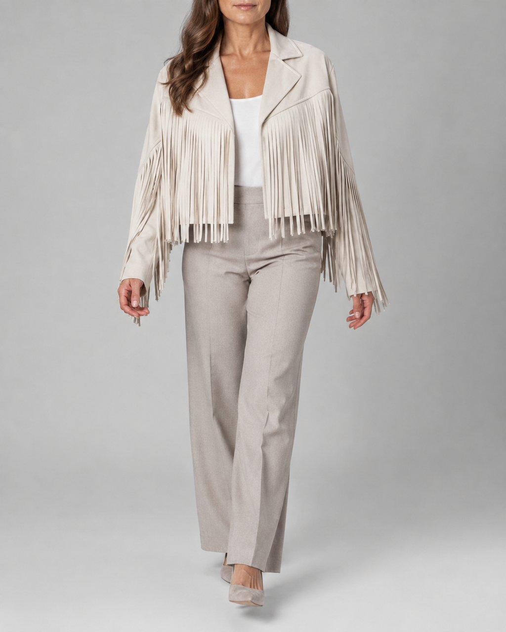 Women's Cropped Fringe Jacket with Lapel Collar