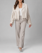 Women's Cropped Fringe Jacket with Lapel Collar