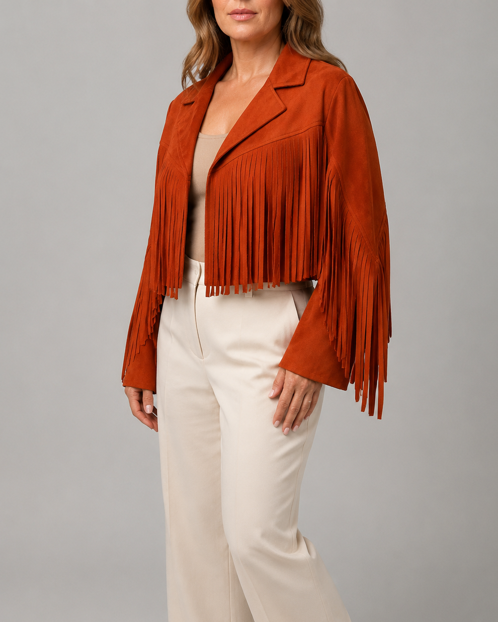 Women's Cropped Fringe Jacket with Lapel Collar