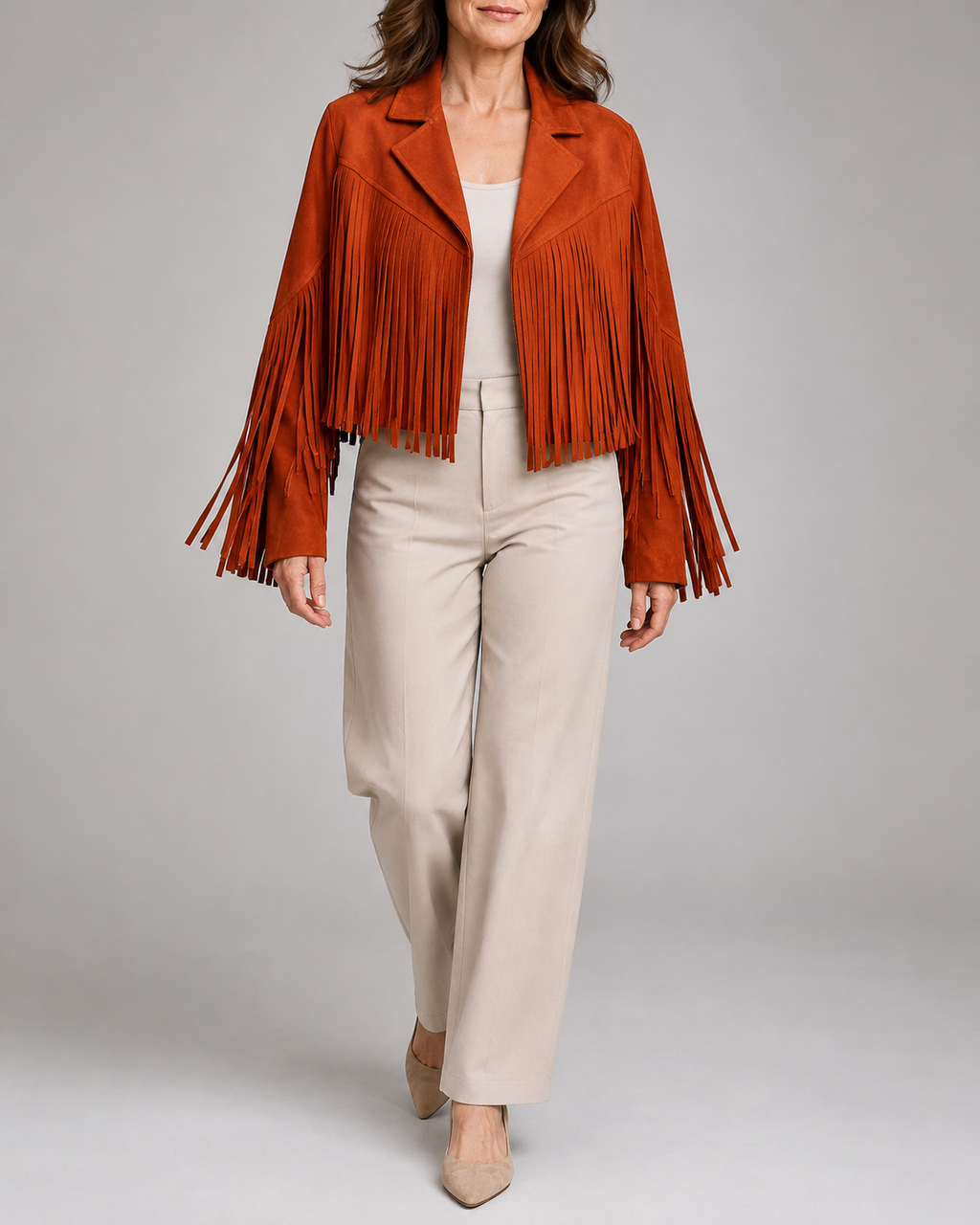 Women's Cropped Fringe Jacket with Lapel Collar