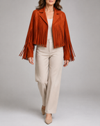 Women's Cropped Fringe Jacket with Lapel Collar