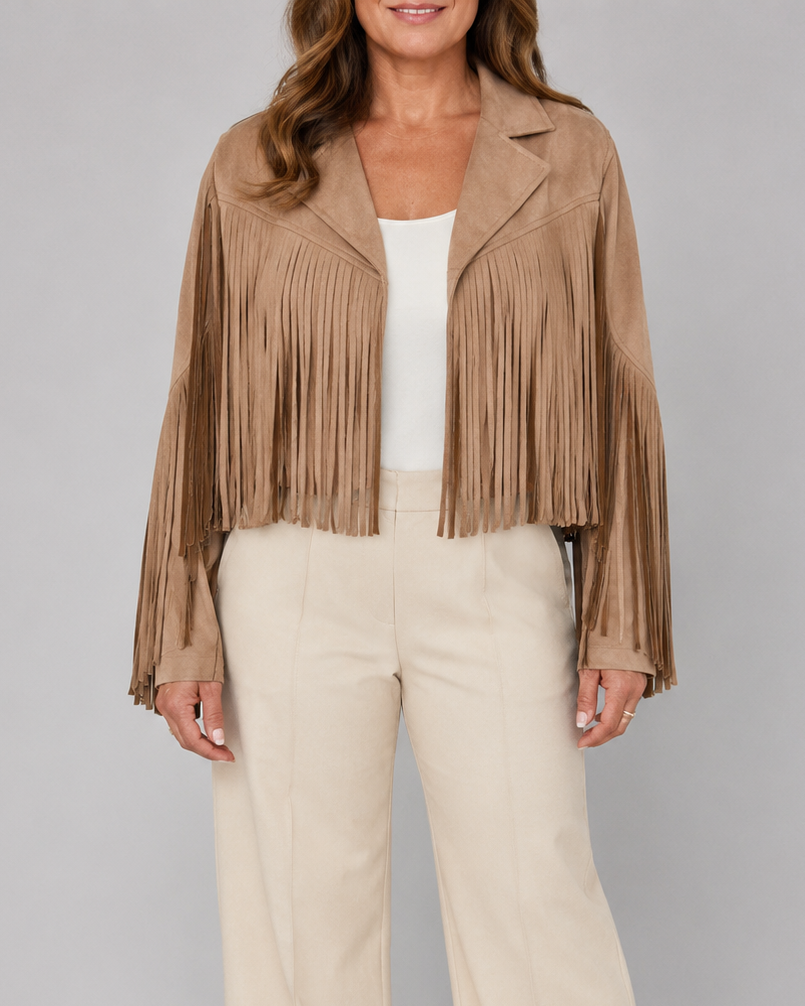 Women's Cropped Fringe Jacket with Lapel Collar