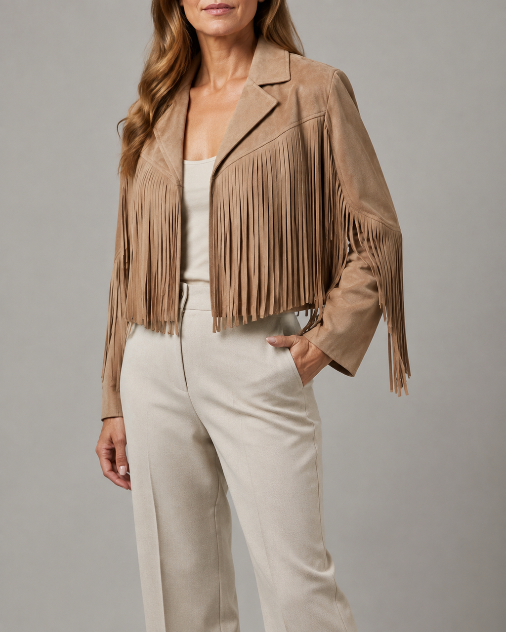 Women's Cropped Fringe Jacket with Lapel Collar