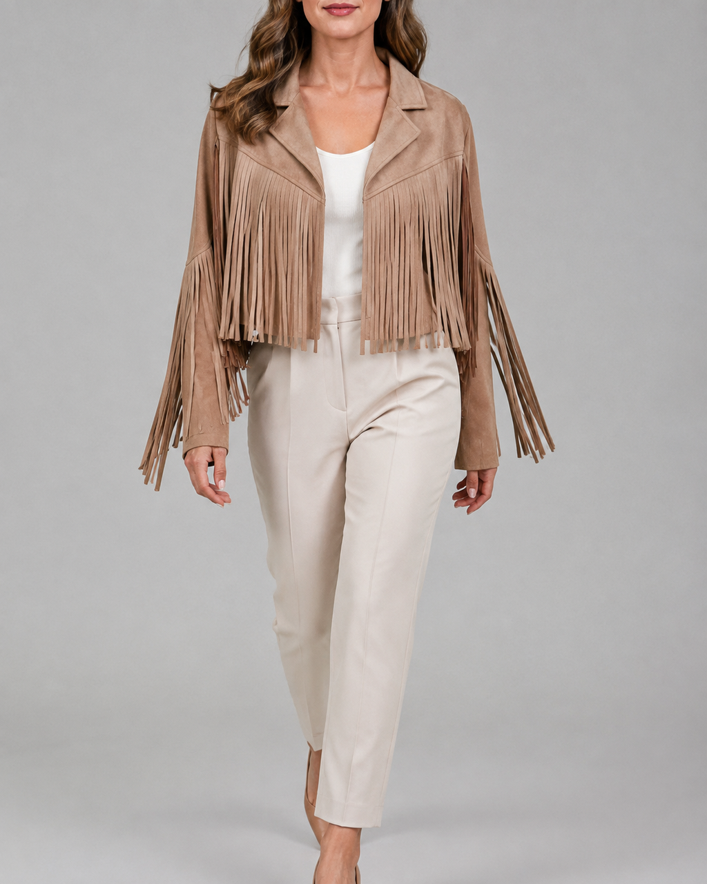 Women's Cropped Fringe Jacket with Lapel Collar