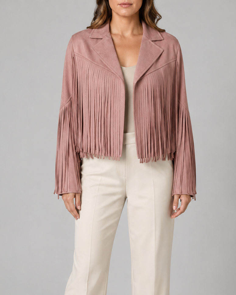 Women's Cropped Fringe Jacket with Lapel Collar