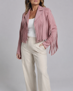 Women's Cropped Fringe Jacket with Lapel Collar