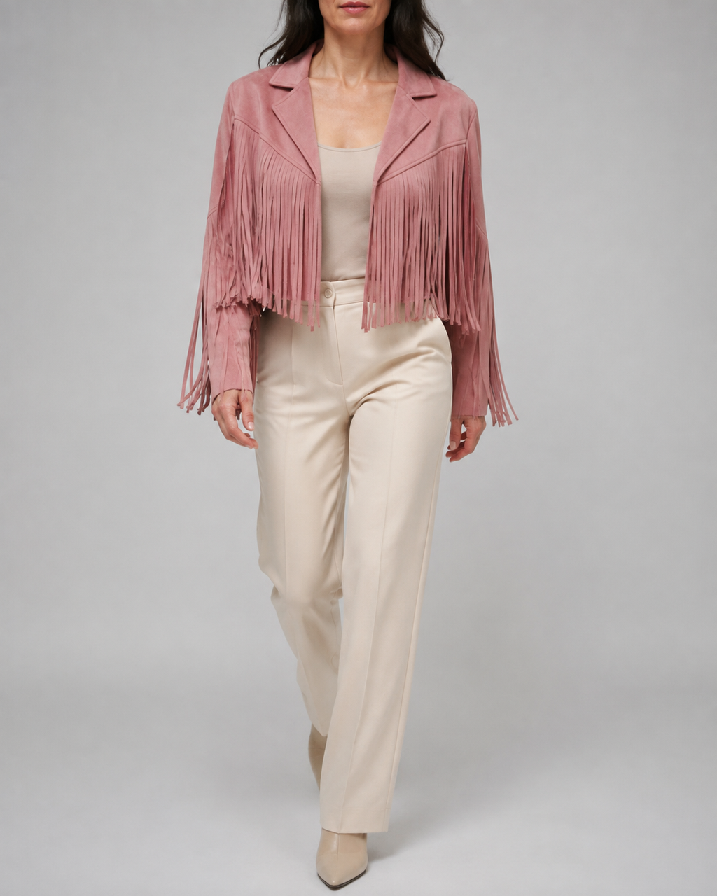 Women's Cropped Fringe Jacket with Lapel Collar