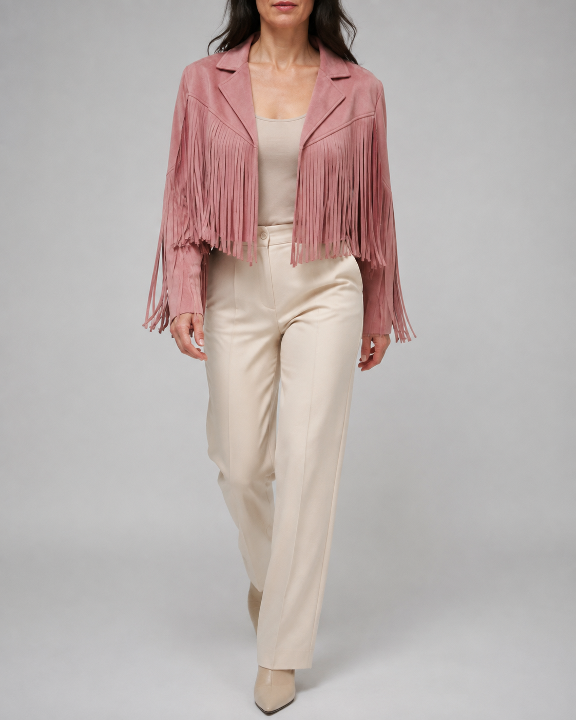 Women's Cropped Fringe Jacket with Lapel Collar