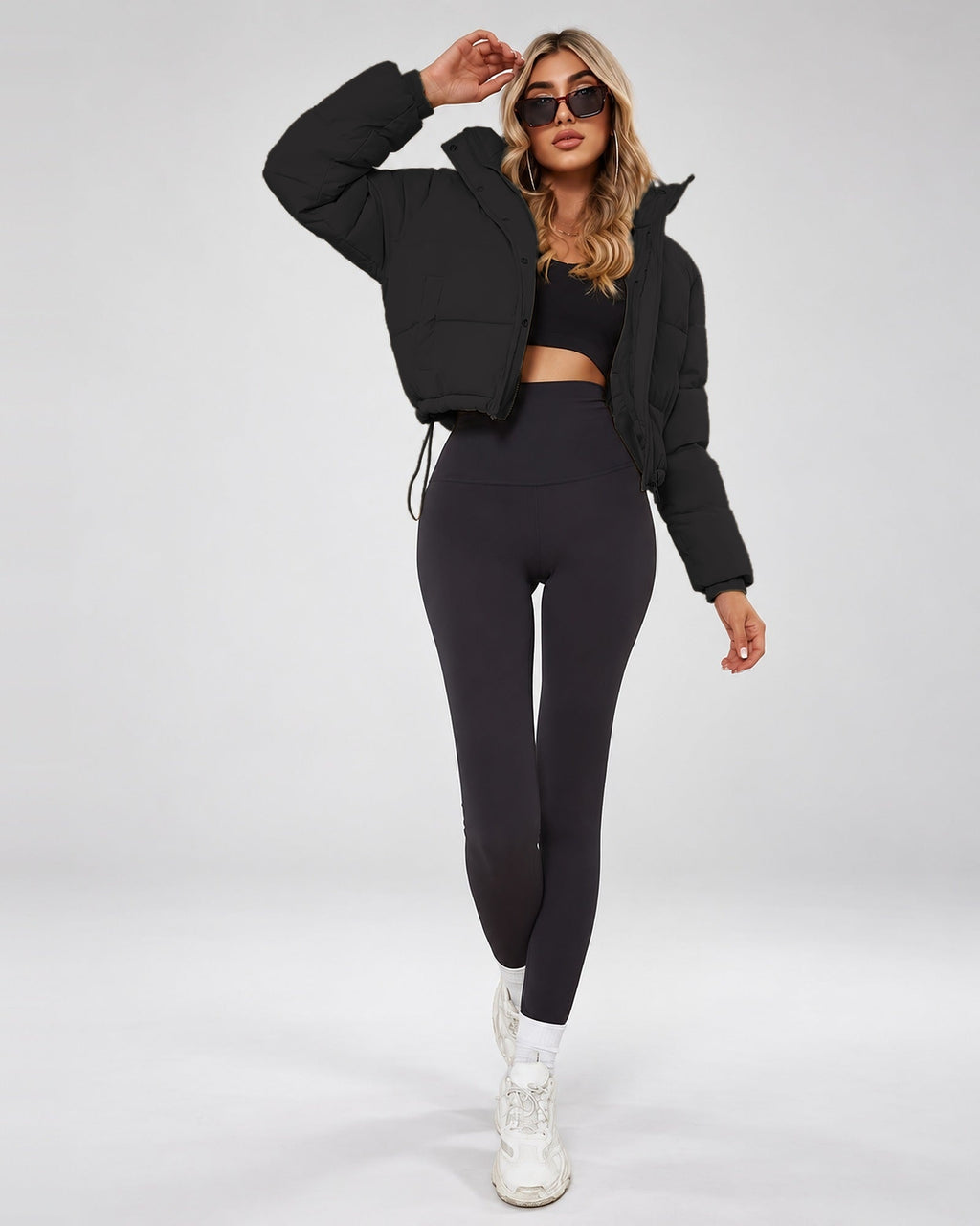 Women's Cropped Hooded Puffer Jacket with Zip Front and Drawcord Hem in Black – studio view