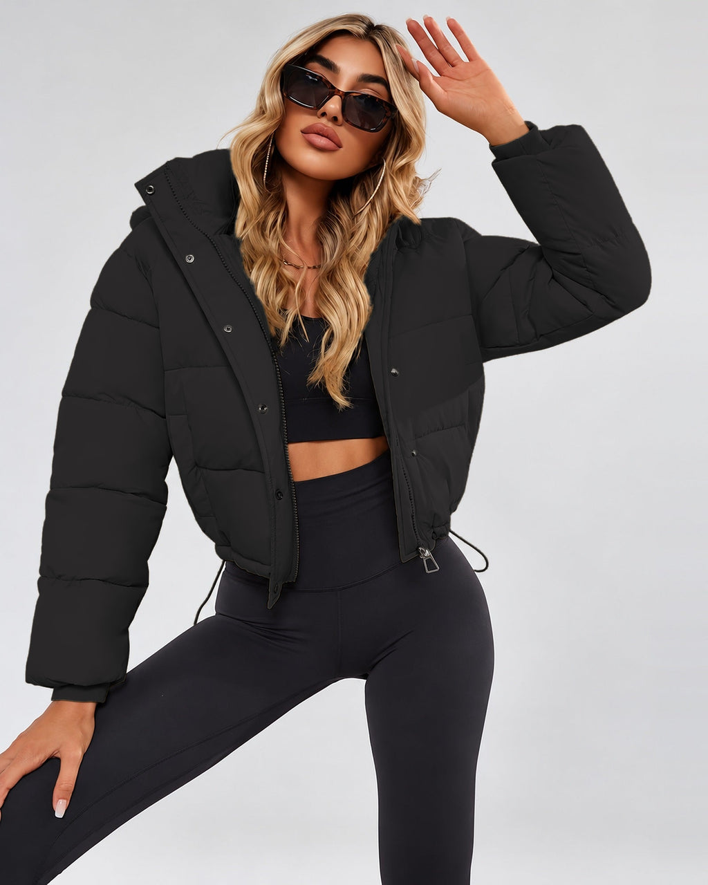 Women's Cropped Hooded Puffer Jacket with Zip Front and Drawcord Hem in Black – studio view