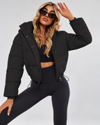 Women's Cropped Hooded Puffer Jacket with Zip Front and Drawcord Hem in Black – studio view