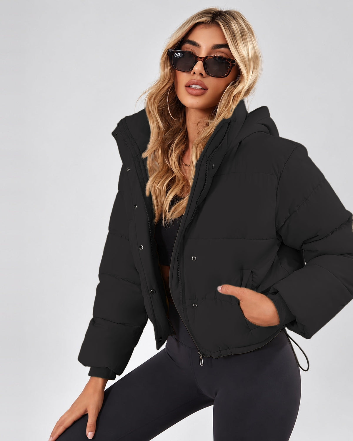 Women's Cropped Hooded Puffer Jacket with Zip Front and Drawcord Hem in Black – studio view