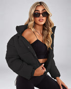 Women's Cropped Hooded Puffer Jacket with Zip Front and Drawcord Hem in Black – studio view