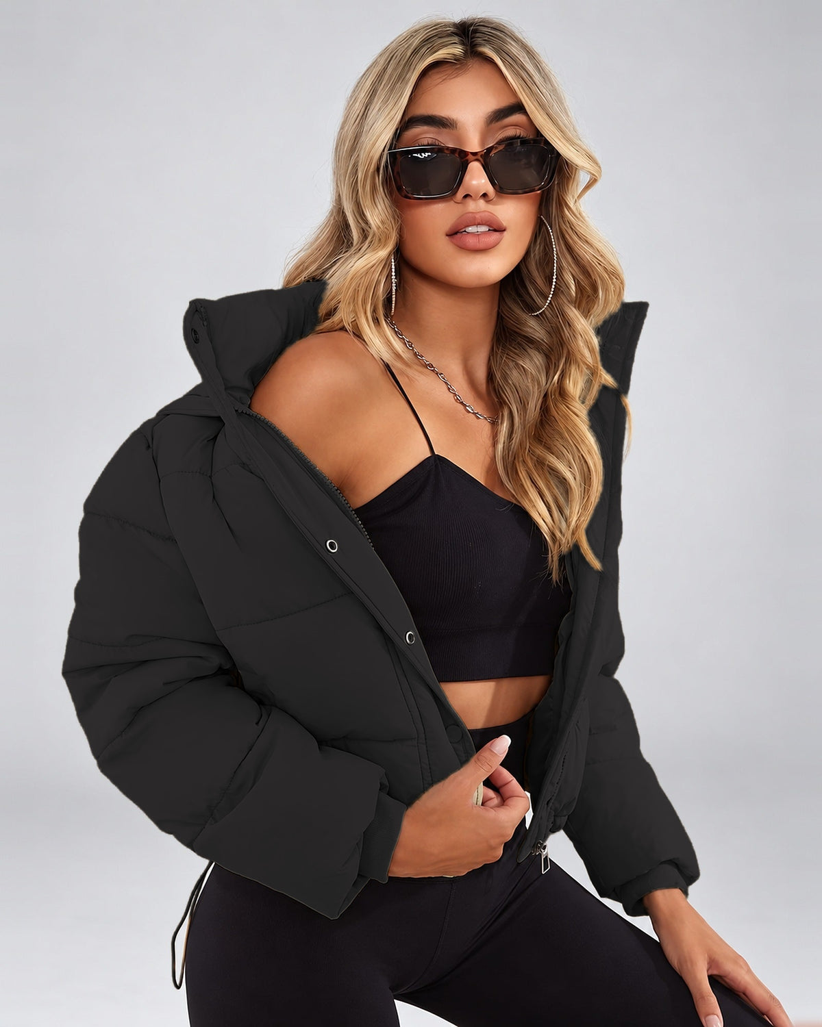 Women's Cropped Hooded Puffer Jacket with Zip Front and Drawcord Hem in Black – studio view