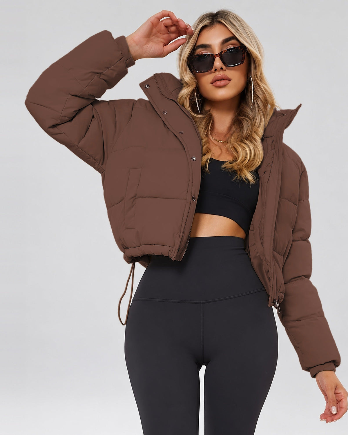 Women's Cropped Hooded Puffer Jacket with Zip Front and Drawcord Hem in Dark Brown – studio view