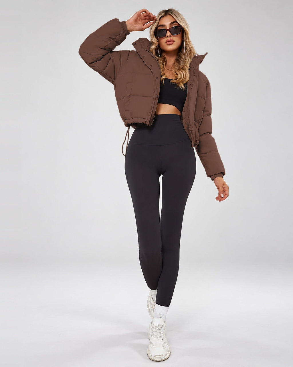 Women's Cropped Hooded Puffer Jacket with Zip Front and Drawcord Hem in Dark Brown – studio view