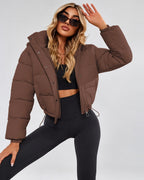 Women's Cropped Hooded Puffer Jacket with Zip Front and Drawcord Hem in Dark Brown – studio view