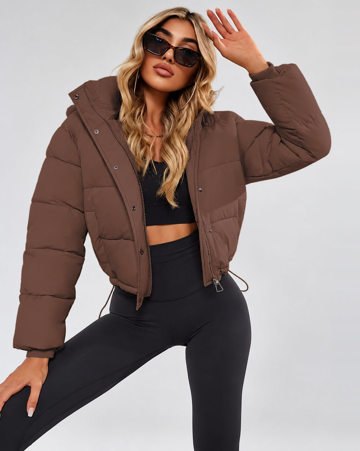 Women's Cropped Hooded Puffer Jacket with Zip Front and Drawcord Hem in Dark Brown – studio view