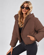 Women's Cropped Hooded Puffer Jacket with Zip Front and Drawcord Hem in Dark Brown – studio view