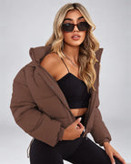 Women's Cropped Hooded Puffer Jacket with Zip Front and Drawcord Hem in Dark Brown – studio view