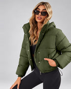 Women's Cropped Hooded Puffer Jacket with Zip Front and Drawcord Hem in Fern Green – studio view