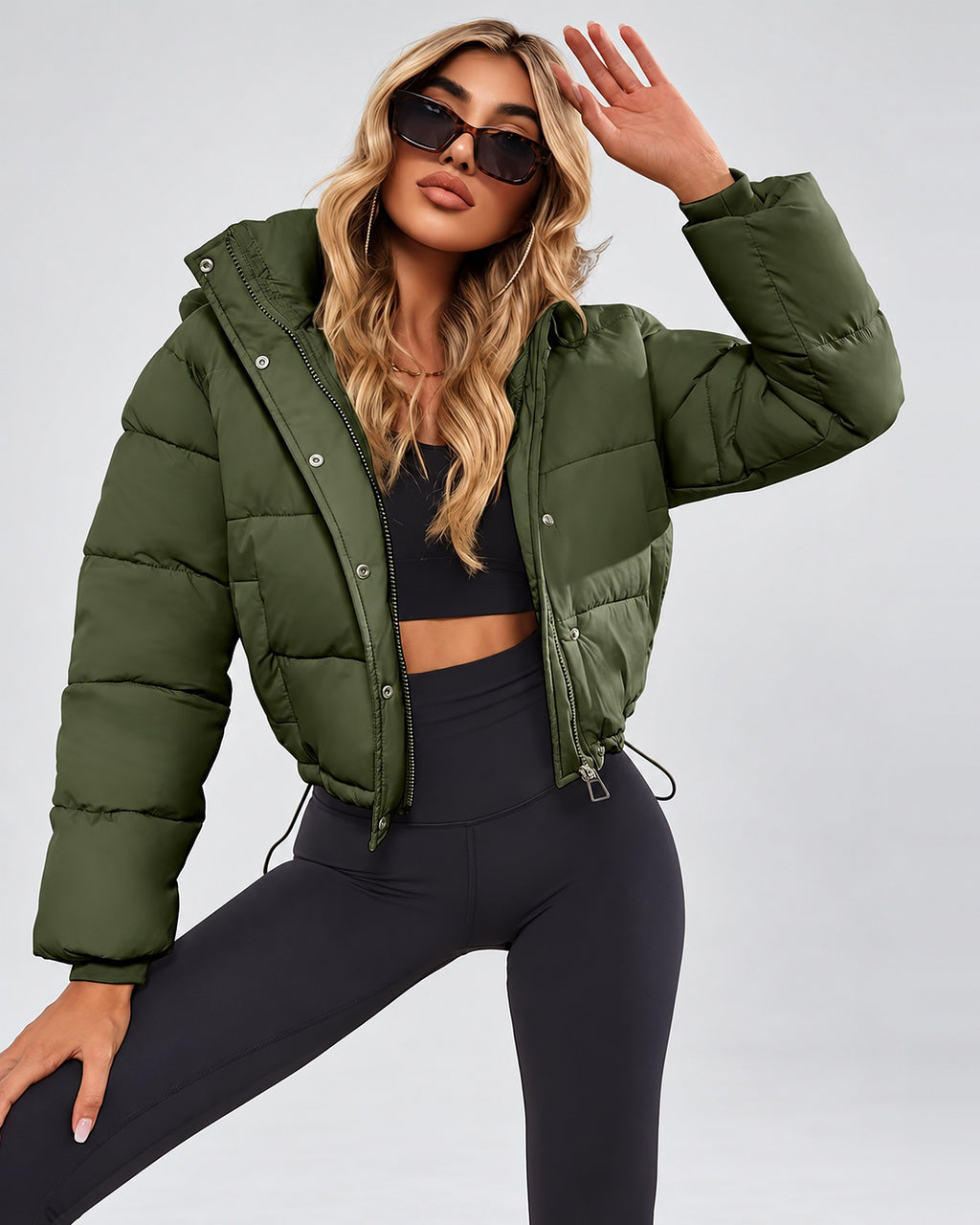 Women's Cropped Hooded Puffer Jacket with Zip Front and Drawcord Hem in Fern Green – studio view