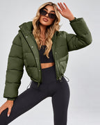 Women's Cropped Hooded Puffer Jacket with Zip Front and Drawcord Hem in Fern Green – studio view