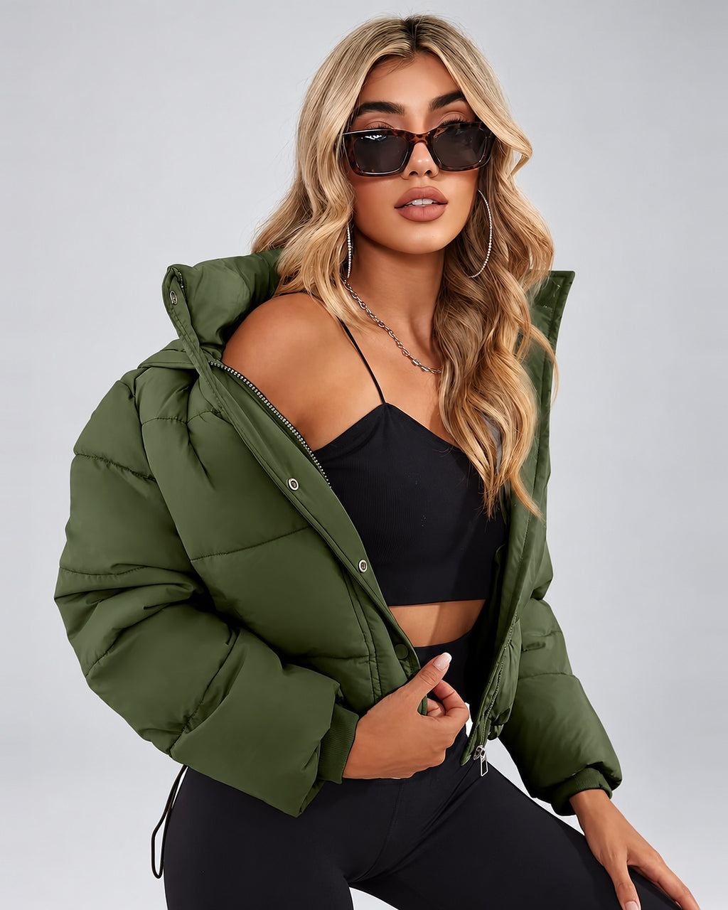 Women's Cropped Hooded Puffer Jacket with Zip Front and Drawcord Hem in Fern Green – studio view