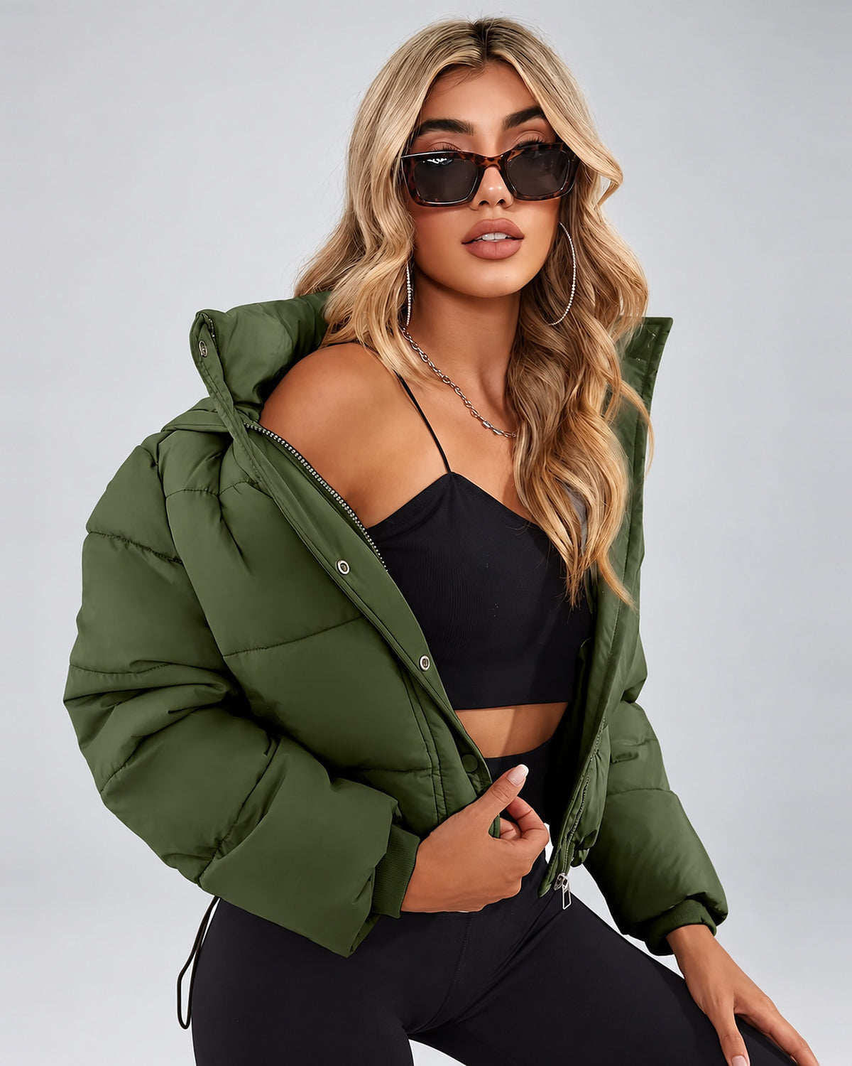 Women's Cropped Hooded Puffer Jacket with Zip Front and Drawcord Hem in Fern Green – studio view