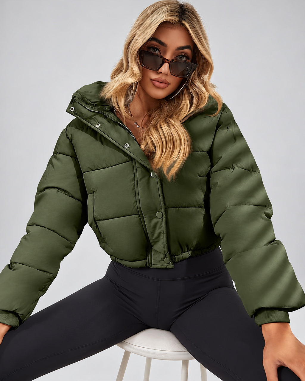 Women's Cropped Hooded Puffer Jacket with Zip Front and Drawcord Hem in Fern Green – studio view