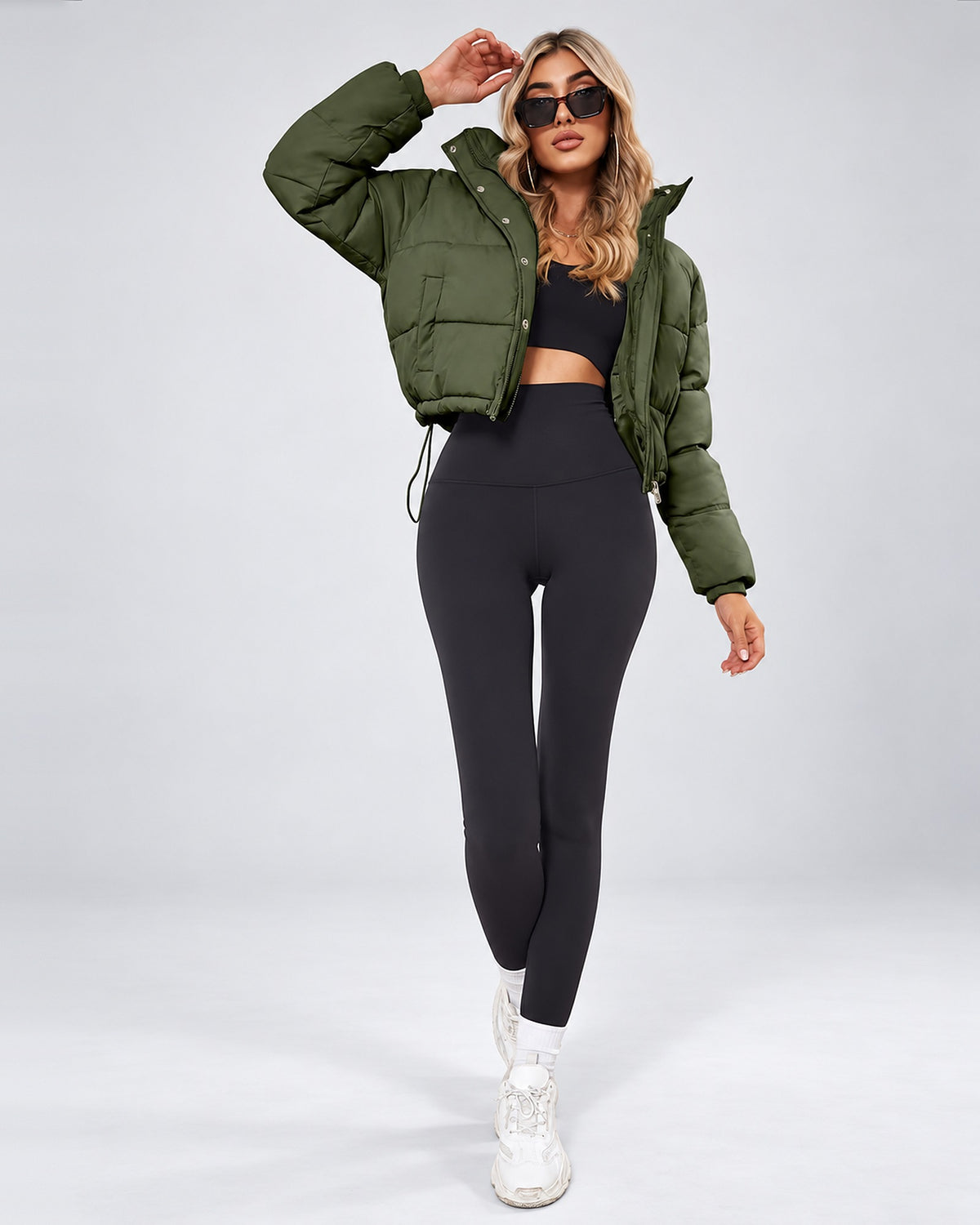 Women's Cropped Hooded Puffer Jacket with Zip Front and Drawcord Hem in Fern Green – studio view