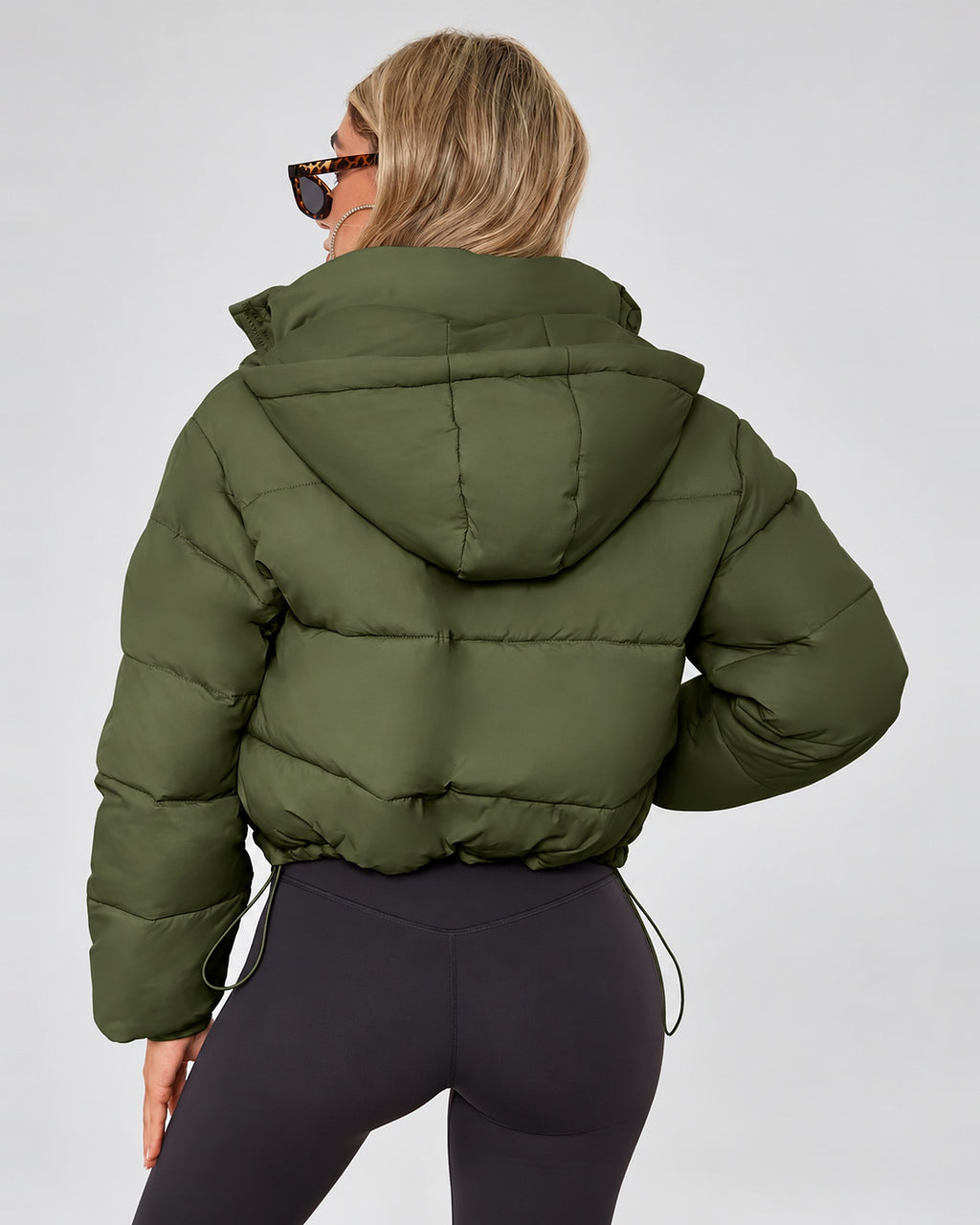 Women's Cropped Hooded Puffer Jacket with Zip Front and Drawcord Hem in Fern Green – studio view