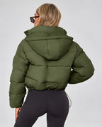 Women's Cropped Hooded Puffer Jacket with Zip Front and Drawcord Hem in Fern Green – studio view
