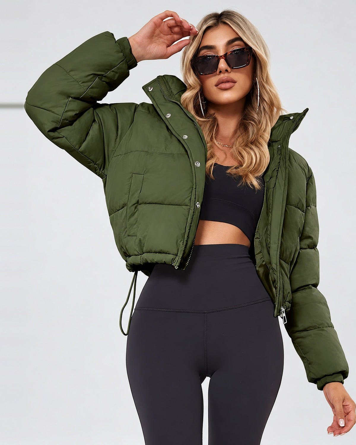 Women's Cropped Hooded Puffer Jacket with Zip Front and Drawcord Hem in Fern Green – studio view