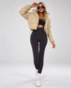 Women's Cropped Hooded Puffer Jacket with Zip Front and Drawcord Hem in Khaki – studio view